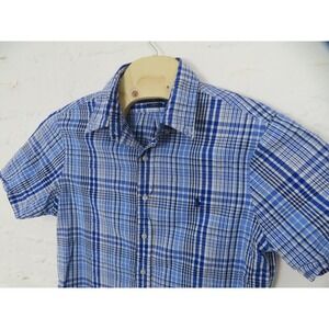 Ralph Lauren Shirt Mens Medium** Blue Plaid Seersucker Short Sleeve Button Front